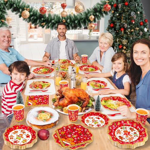 Christmas Gingerbread Party Supplies Serves 24 Party Tableware Disposable Dinner Plates,Dessert Plates ,Paper Cups,Xmas Napkins,Forks,Christmas Party Dinnerware Gingerbread Theme For Xmas Celebration – Image 7