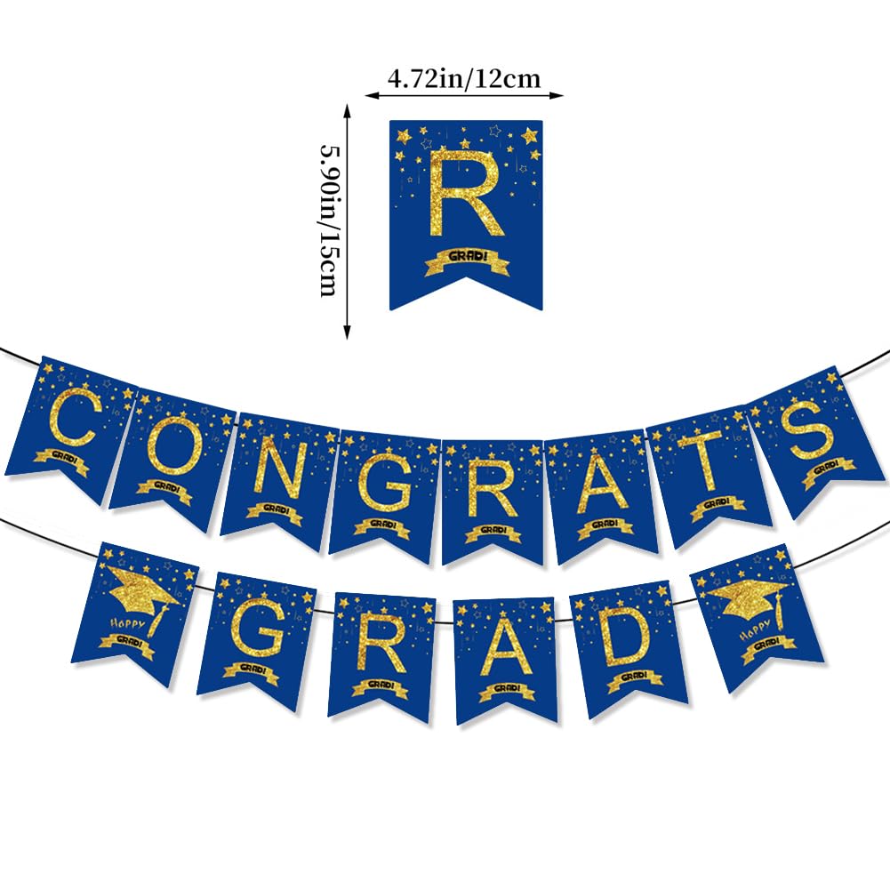 Congrats Grad Banner,Blue and Gold Graduation Hanging Bunting Banner Garland Letter Banner Sign Flag Glitter Grad Cap Garland Party Backdrop for School Class College Graduation Party Supplies - Image 2