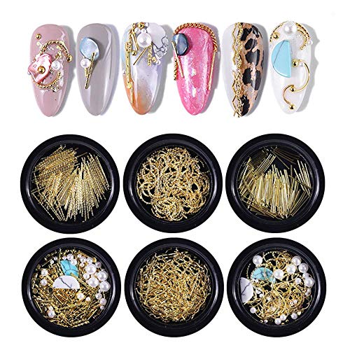 6 Box Gold Mixed 3D Pearls Bend Metal Studs Nail Rivets Shell Flakes Charm UV Manicure Nail Rhinestones