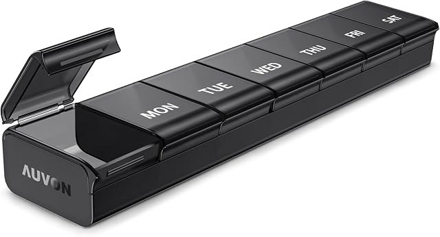 AUVON Organisateur hebdomadaire de pilules avec mise à niveau Open Design, Pill Box portable 7 Jour sans BPA, coquet mignon pour les vitamines, suppléments et médicaments noir