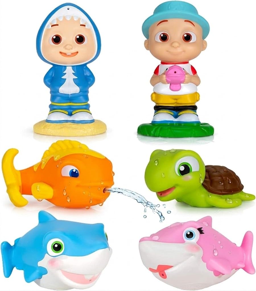 CoComelon 6-Pack Water Squirting Bath Toys for Toddlers (1yrs+) JJ & Baby Floating Pool Toys – Mold Resistant Shark Turtle Fish Tub Figures – Sensory Play Beach Toys for Boys Girls Preschool Kids