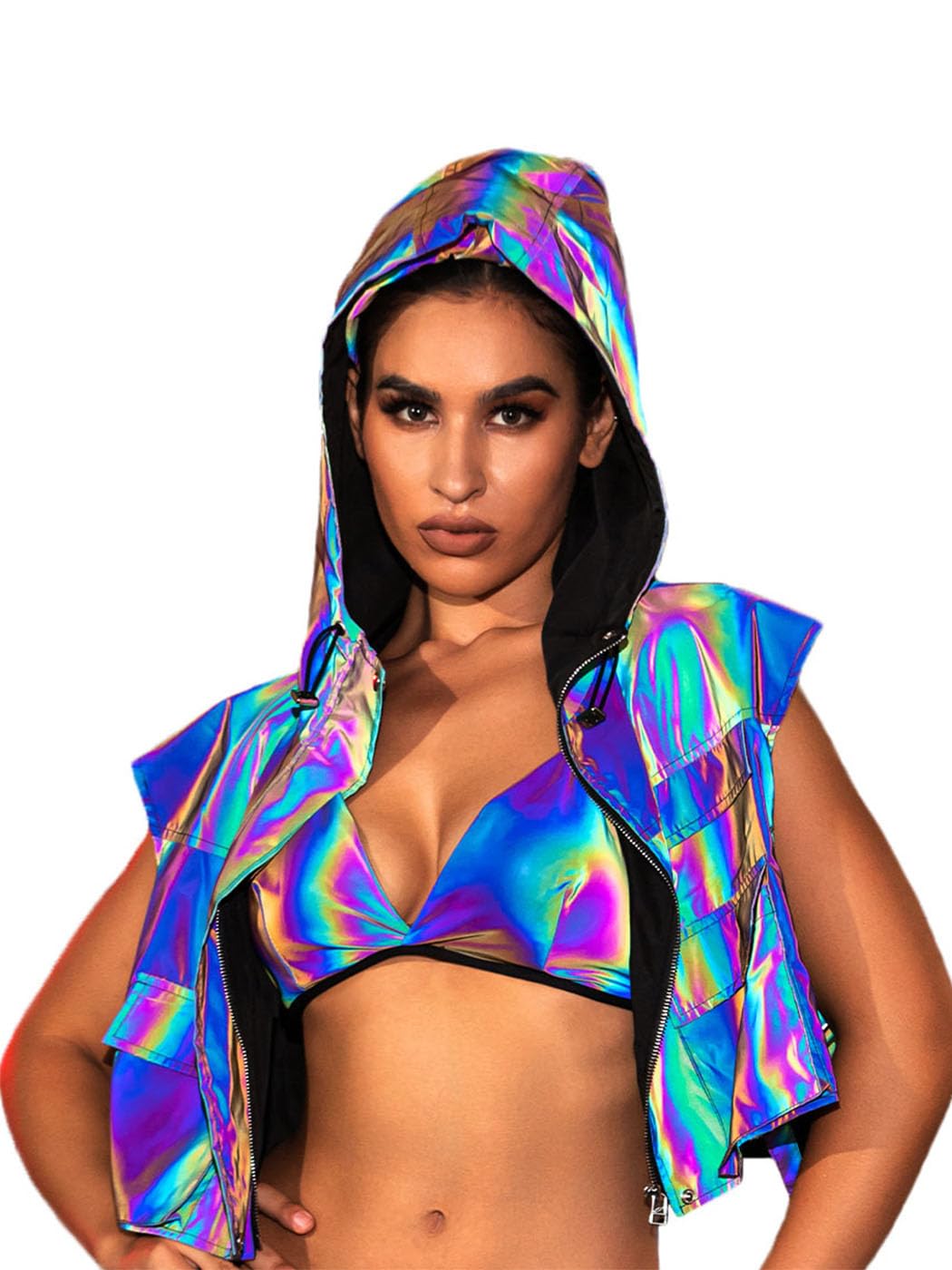 Edary Women's Rave Reflective Hooded Vest Sleeveless Disco Cropped Jackets Coat Night Club Waistcoat Jacket