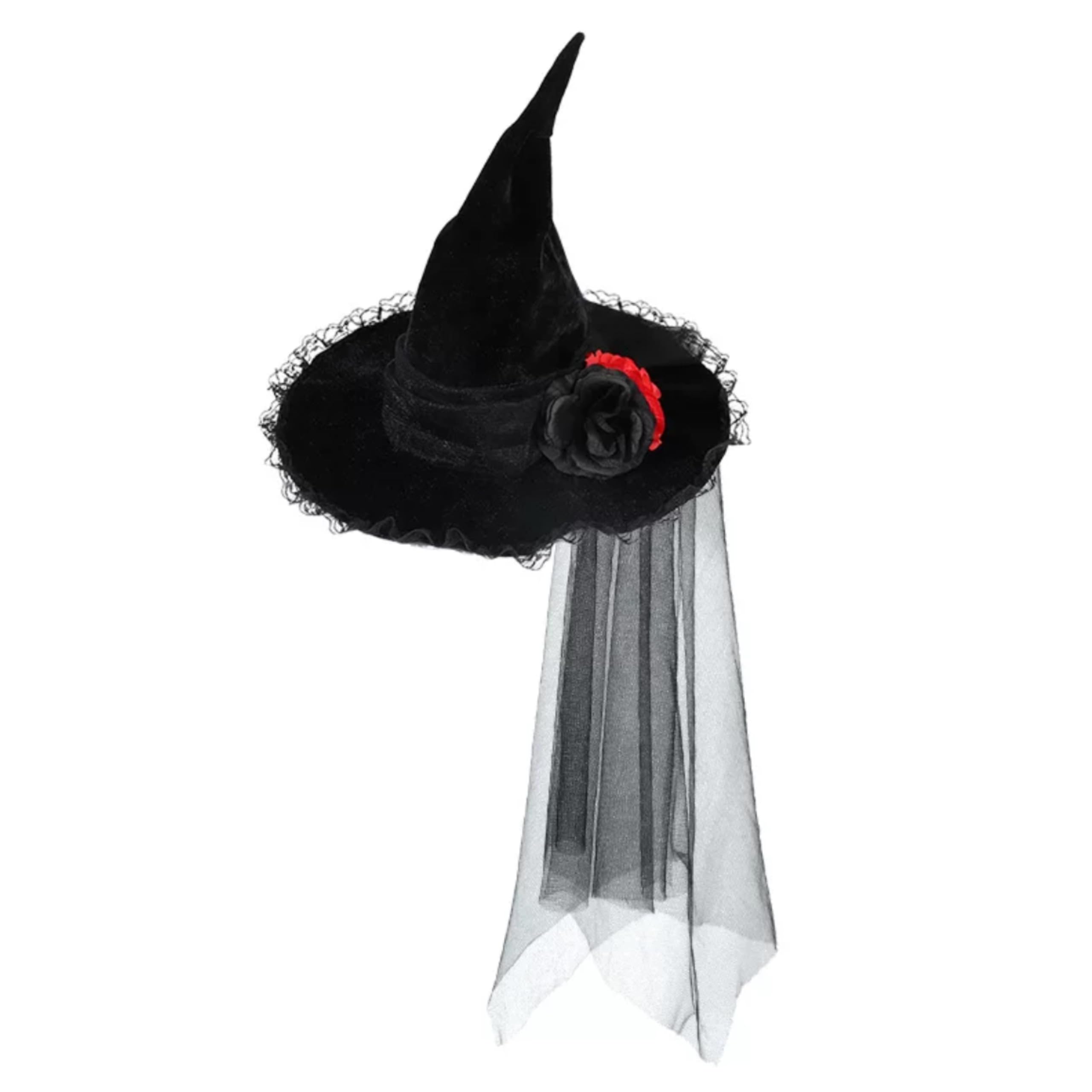 eBoutik, Delux Witch Hat for Adults Halloween Costume Hat with Spider Web Veil, Fancy Floral Headwear