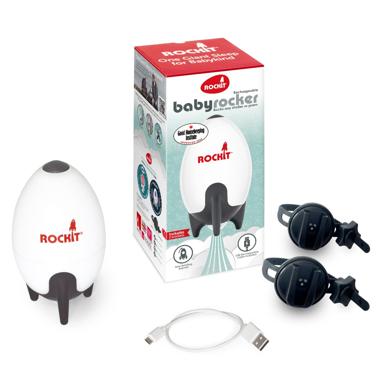 Rockit Rocker rechargeable avec deux supports – Aide au sommeil pour bébé qui berce doucement n'importe quelle poussette ou landau, vitesse réglable avec minuterie de 60 minutes – S'adapte à toutes