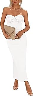 Women's Bodycon Long Dresses Summer Strapless Tube Twist Knot Front Ribbed Knit Maxi Cocktail Dress with Slit