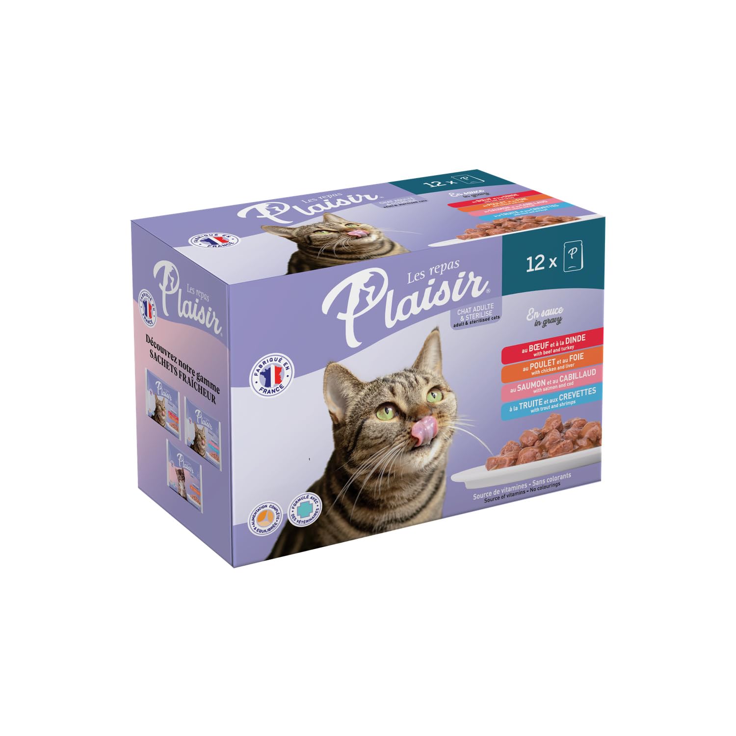 Offrez Une Alimentation complète et savoureuses à Votre Chat stérilisé avec Les Repas Plaisir, 12 sachets de 85g en Sauce au bœuf, Poulet et Poisson - Lot de 3