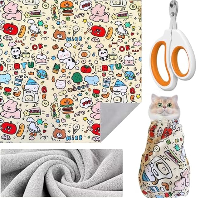 27.6'' Cat Grooming Wrap Cat Wrap for Cutting Nails, Anti-Escape Cat Restraint Wraps for Medicine Nail Clipping Ear Cleaning, Self-Adherent Cat Swaddle Wrap with Nail Clipper - Within 15lbs-QDExQMaD