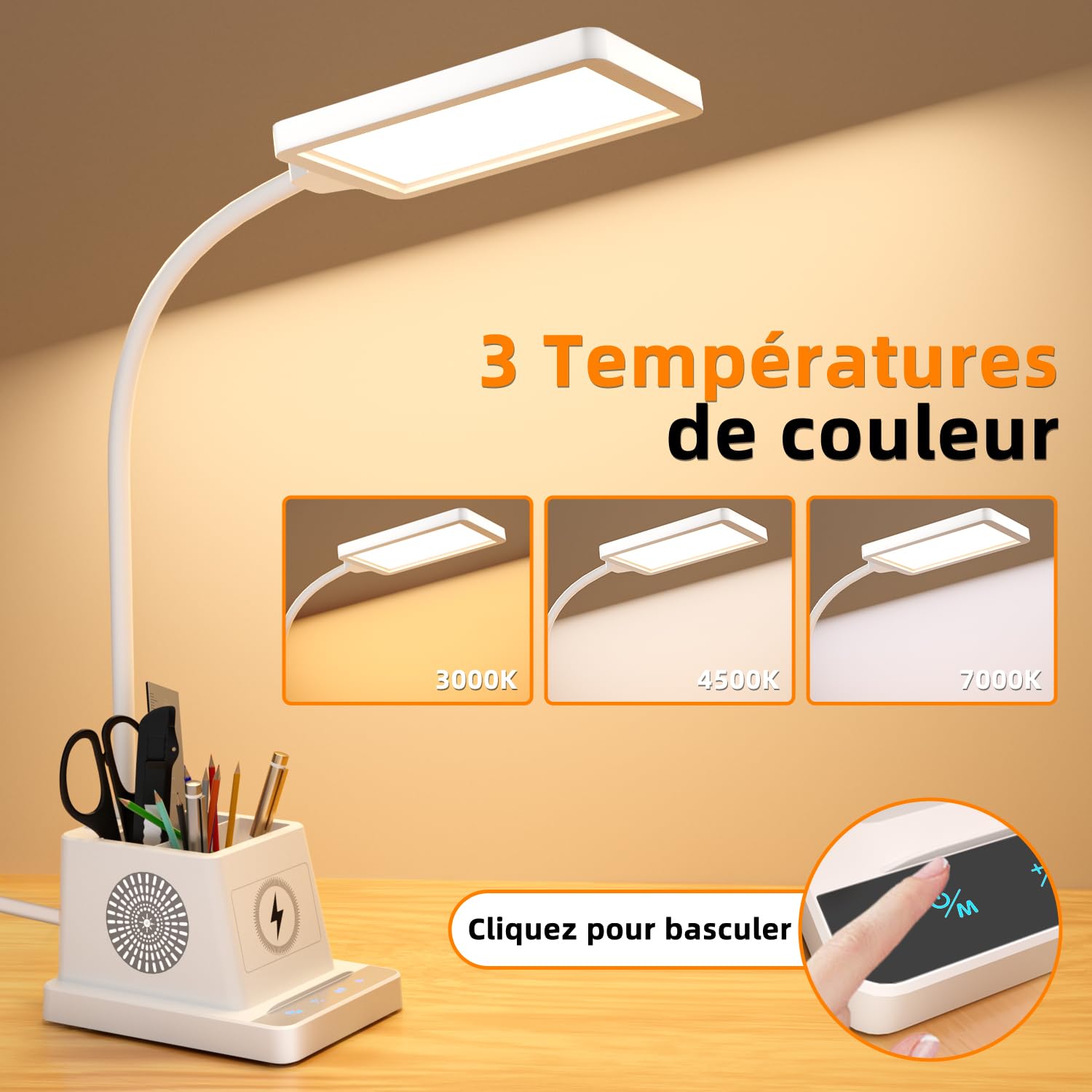 Lampe de Bureau LED 15W avec Charge Sans Fil, Col de Cygne à 360°, Lampe de Chevet Dimmable, 3 Modes de Couleur, 4 Niveaux de Luminosité, pour Bureaux/Chambres à Coucher/Résidences étudiantes (Blanc)