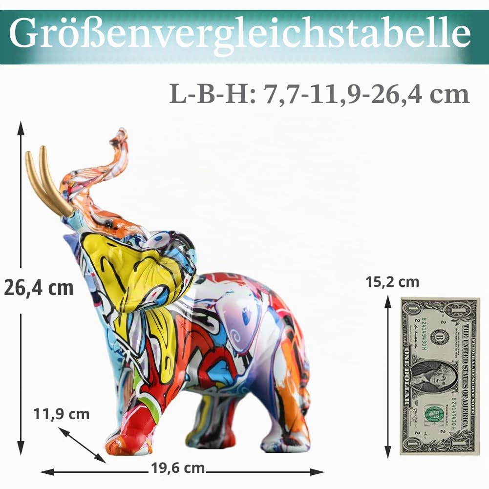 26,4 cm hoch, kreative Graffiti-Elefanten-Figuren, Kunstharz, Bunte Elefantenstatuen, Heimdekoration, Elefantenstatue, geeignet zum Befüllen von Raumdekoration im Wohnzimmer, Schlafzimmer, Büro