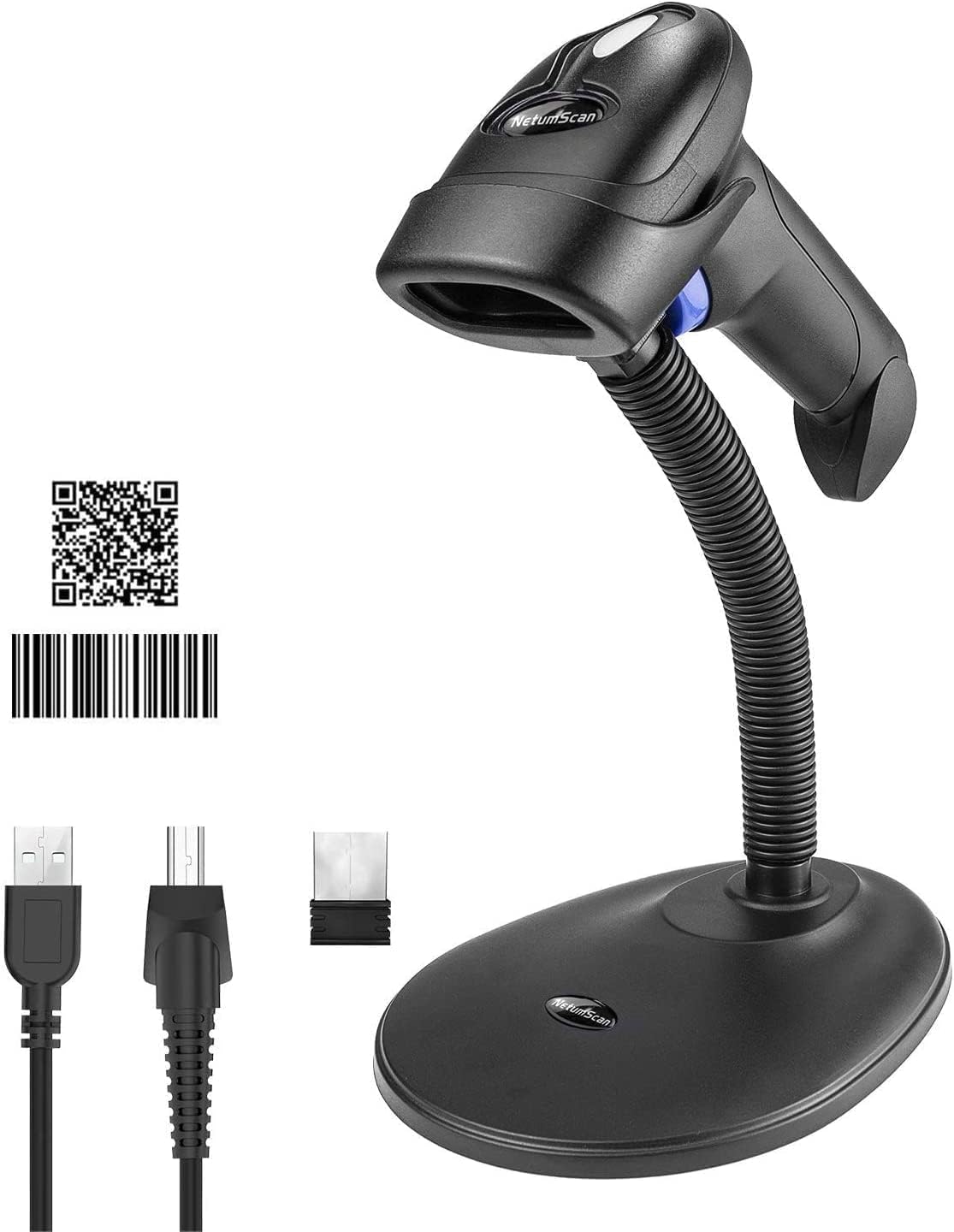 NetumScan Wireless 1D 2D Barcode Scanner with Stand, Portable Automatic QR Code Scanner Supports Screen Scan Handheld CMOS Image Bar Code Reader with USB Receiver for Warehouse POS and Computer