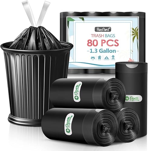 Bolsas de basura de 1.3 galones, 80 unidades con cordón fuerte, bolsas de plástico pequeñas de 1, 1.2 y 1.3 galones, forros para botes de basura