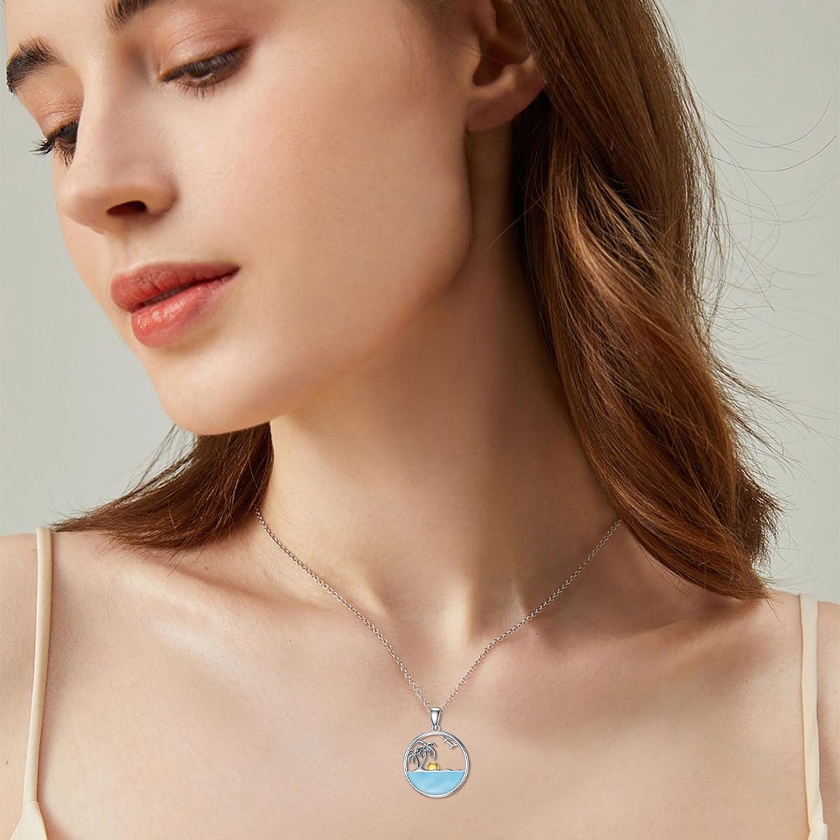 Palmen-Halskette für Frauen 925 Sterling Silber Ozeanwellen Anhänger, Halsketten mit natürlichem Larimar-Edelstein Schmuck Geschenk für Mama Frau
