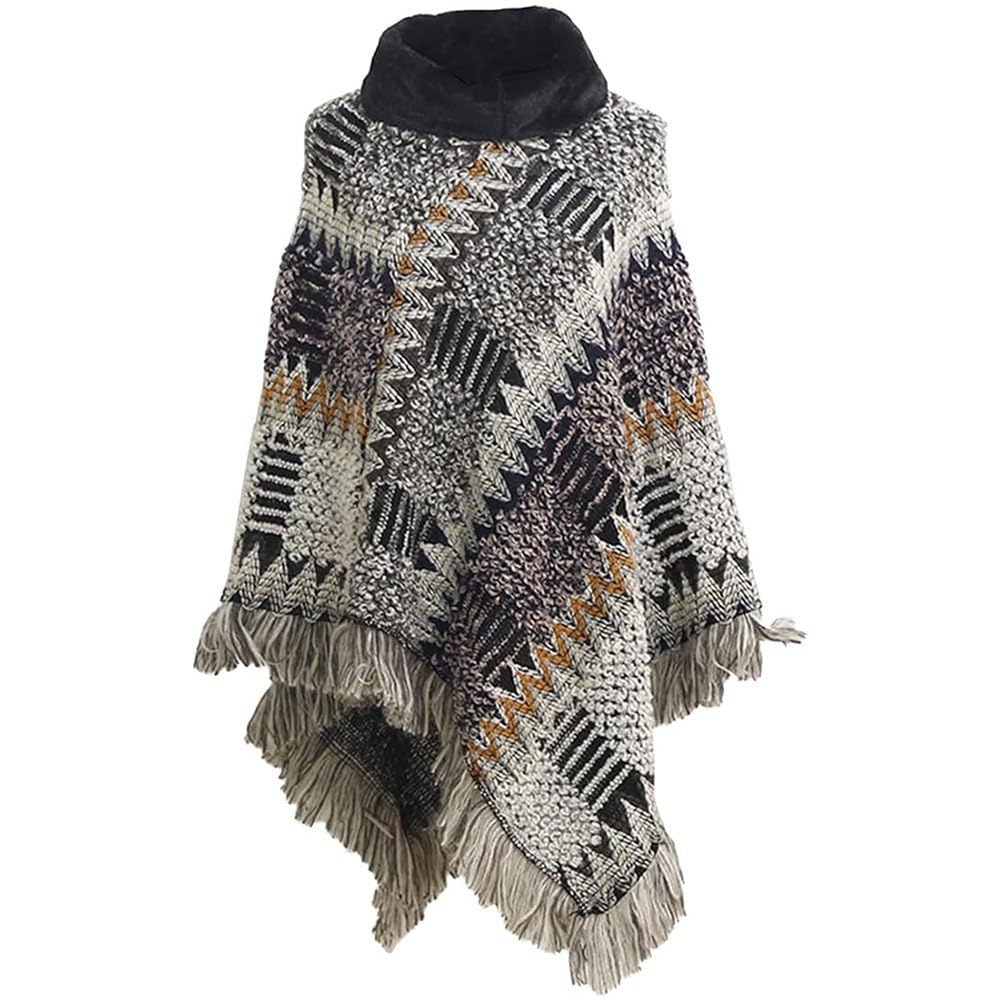 Poncho con dobladillo con flecos y capa de ganchillo para mujer