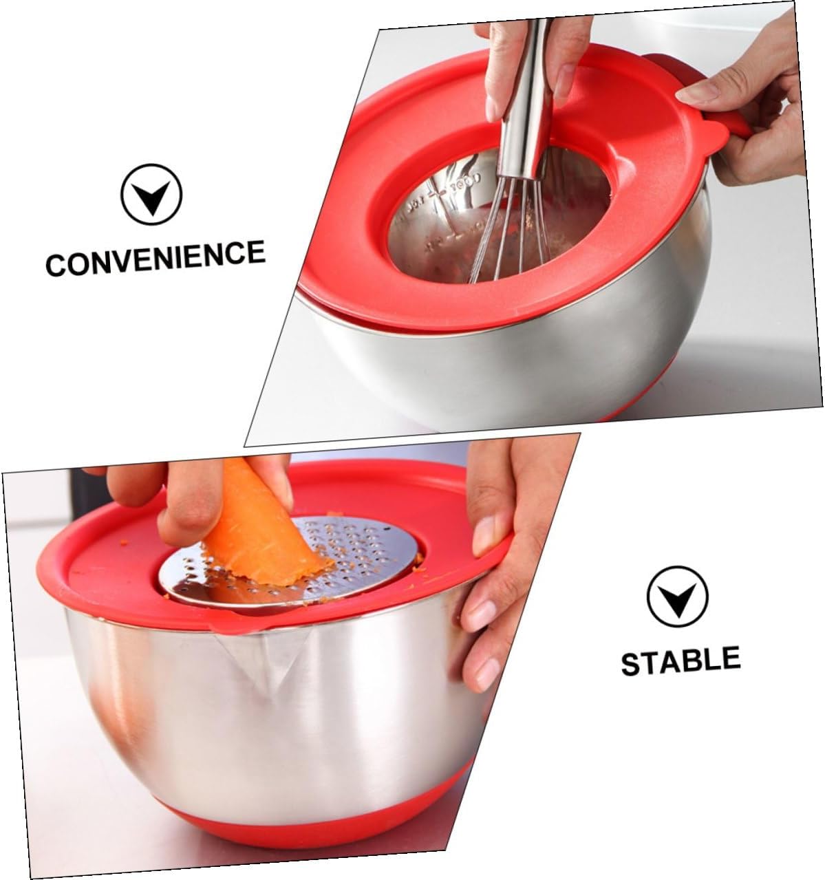 Stainless Steel Mixing Bowls with Red Handle and Silicone Non-slip Base, 18cm 20cm Kitchen Salad and Egg Beating Bowls Set with Lids and 3 Graters for Food Preparation
