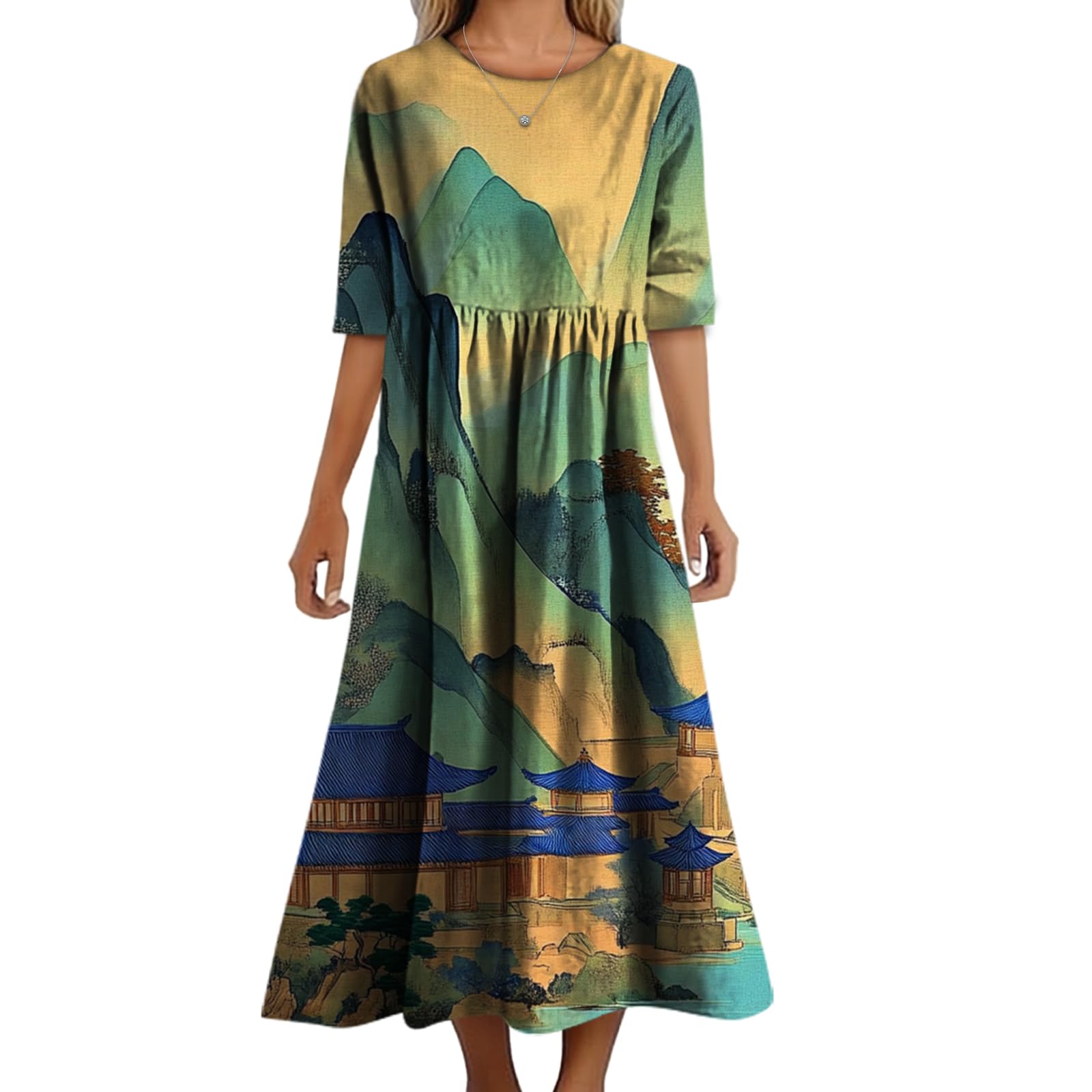 Womens 2025 Summer Floral Boho Dress Plus Size Crew Neck A Line Tunic Sundress Beach Long Maxi Trendy
