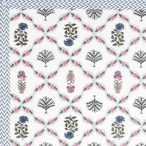 Image of DE CAMA 100% Cotton King Size Bedsheet, Blue & Pink | 300 TC Premium, 90 x 108 Inch, 2 Pillow Covers Set 17 x 27 Inch, Hand Block Printed, Since 1997