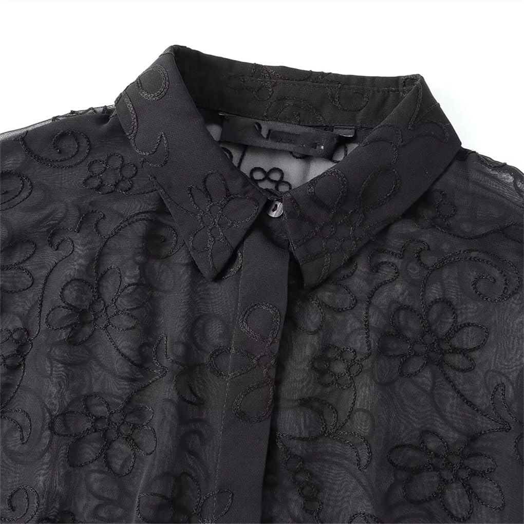 Chemise semi-transparente brodée de fleurs pour femme, haut en mousseline de soie vintage