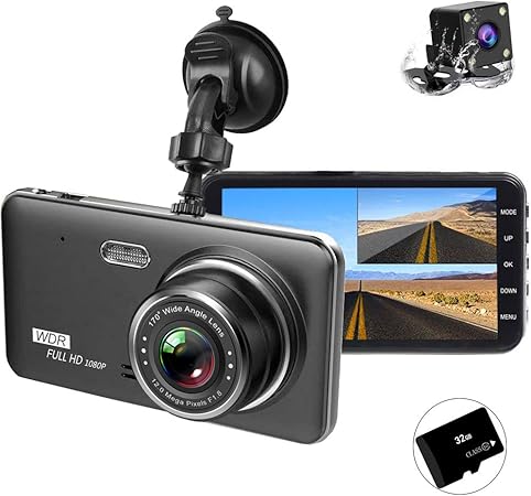 Amazon ドライブレコーダー 前後カメラ 170 広視野角 2019最新版1080pフルhd 1800万画素 Ledライト付き 4インチ夜視機能 Sonyセンサー レンズ 常時録画 G Sensor Wdr 32gb Sdカード付き 日本語説明書付き 車 バイク 車 バイク