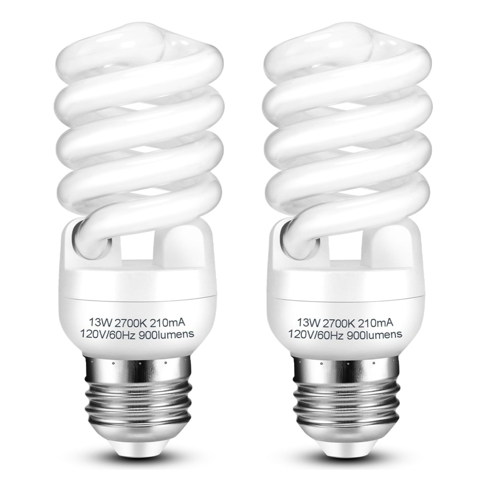 CFL Light Bulbs E26 Base, T2 Spiral 13Watt (60Watt Equivalent) Soft White 2700K 900lm Compact Fluorescent Light Bulbs, UL Approved, 120v 60Hz, Self Ballasted CFL Bulbs, Pack of 2