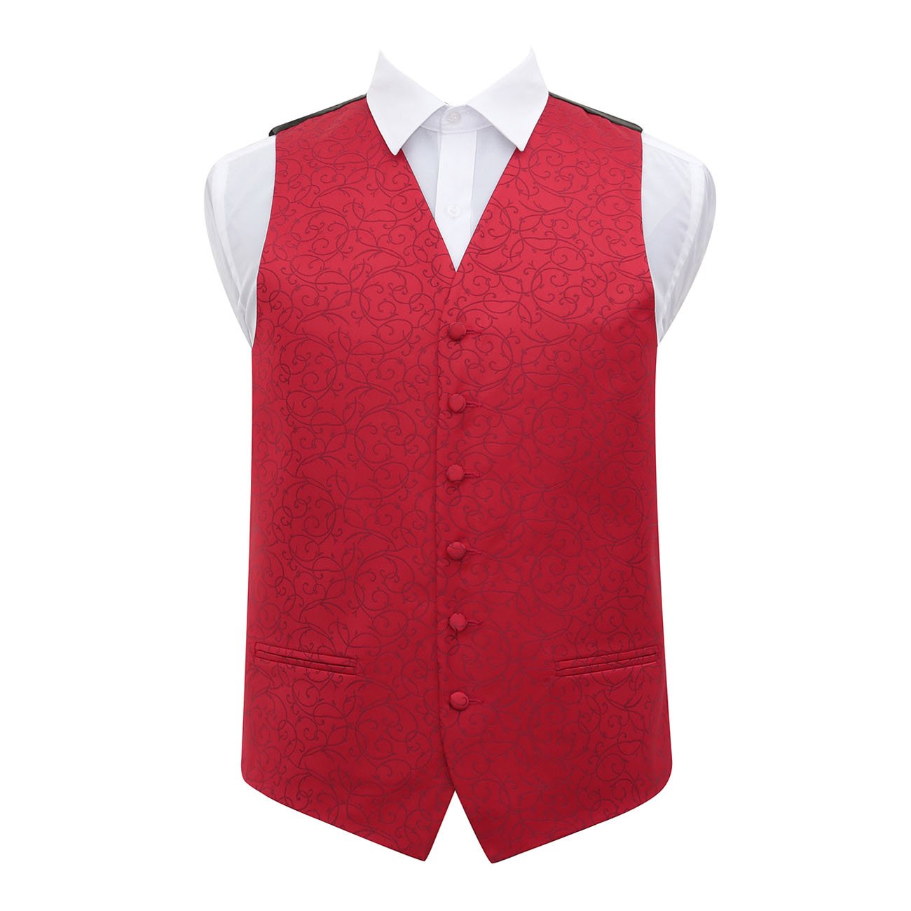 DQT Mens Swirl Floral Jacquard Waistcoat Vest – Wedding Business & Formal Suit Wear - Burgundy 46" (3XL)