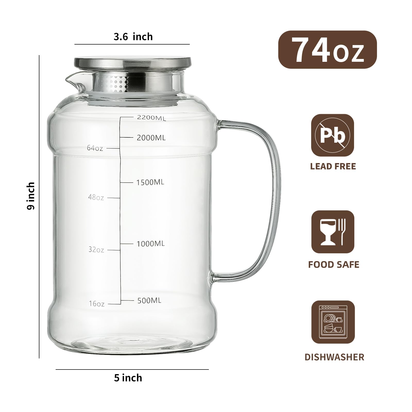Buaic Glaskrug mit Deckel, 2,2 l Wasserkrug, klares Borosilikatglas, Wasserkaraffe für kaltgebrühten Kaffee, Limonade, Eiskaffee, Sonnentee, Getränke, hitzebeständiger Wasserglas-Krug