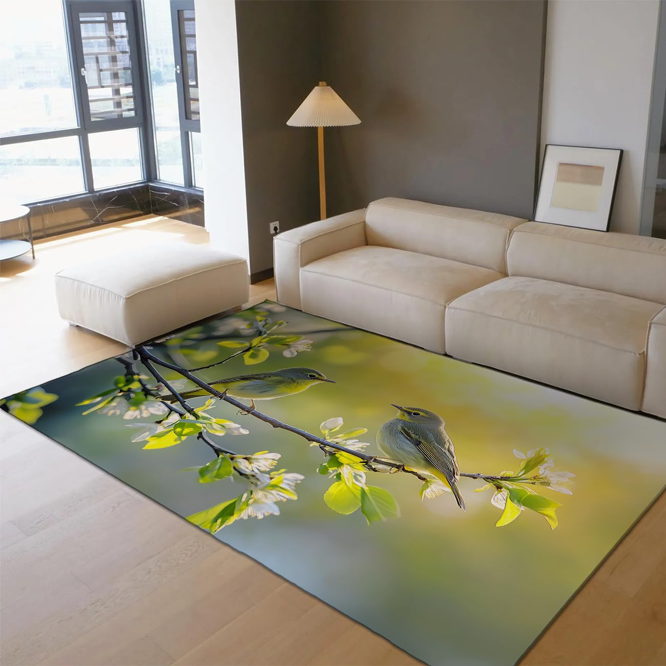 Tapis vert salon lavable et antidérapant avec oiseaux