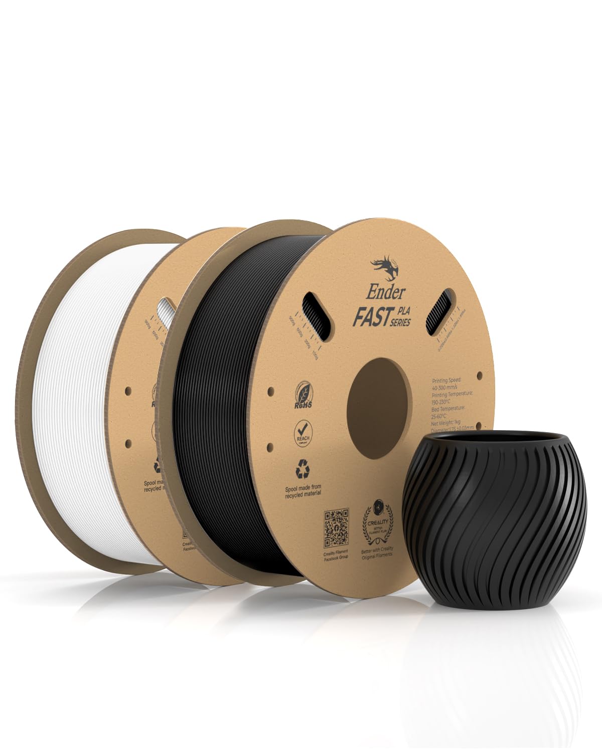 CrealityOfficial Ender Fast PLA Filament, 1.75mm 3D Printer Filament Support 300mm/s Fast Printing, High fluidity, Dimensional Accuracy +/- 0.02mm, Fit Most FDM 3D Printers (White & Black 2-Pack)