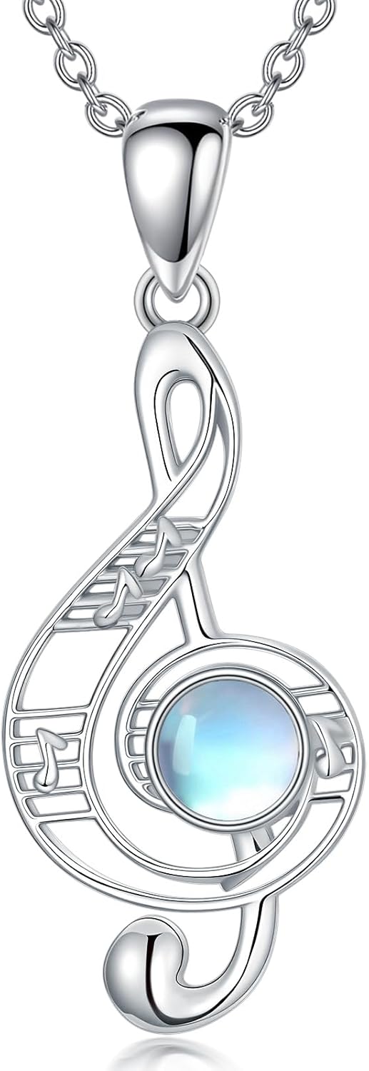 LONAGO Music Note Necklace with Moonstone Sterling Silver Treble Clefs Pendant Necklace Gift for Women