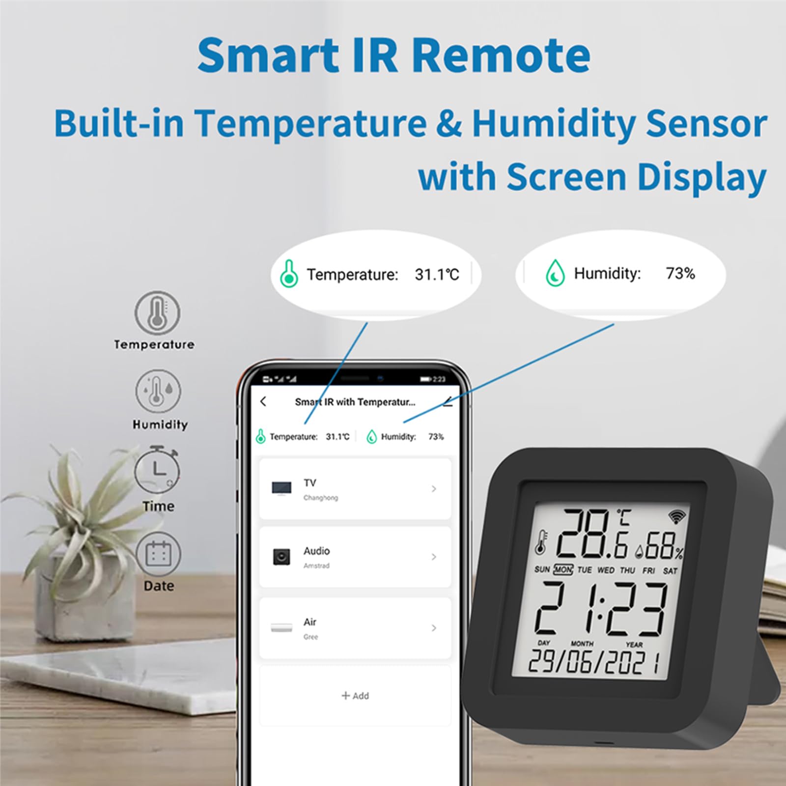 Smart WiFi Temperature Humidity Monitor, TUYA Wireless Temperature Humidity Sensor with APP Notification Alerts & IR Intelligent Remote Control, Compatible Alexa and Google Home (Black)