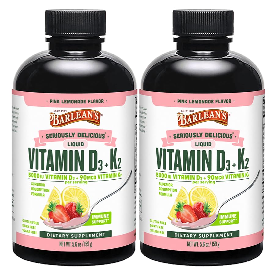 Barlean's Pink Lemonade Liquid Vitamin D3 + K2, 5000 IU, 5.6oz, 2-Pack