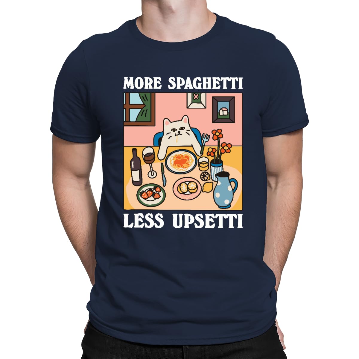 Unibly Men's Navy Blue More Spaghetti Less Upsetti Cat T-Shirt, L