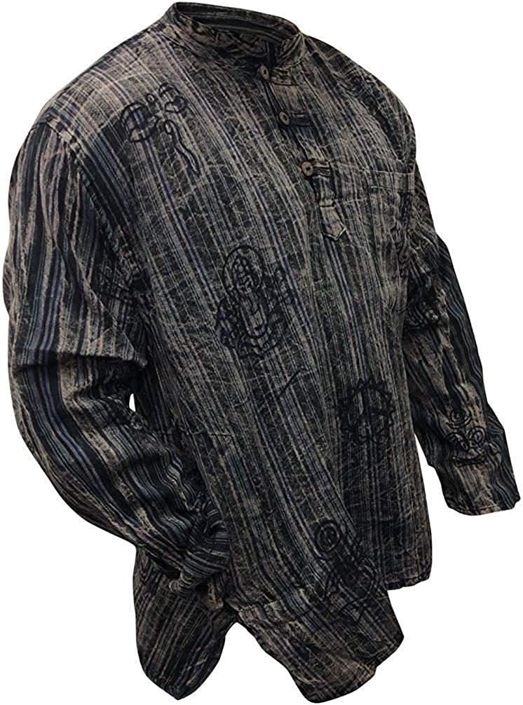 Shopoholic Fashion Men's Hippie Stonewashed Stripe Long Sleeve Cotton Summer Grandad Shirt
