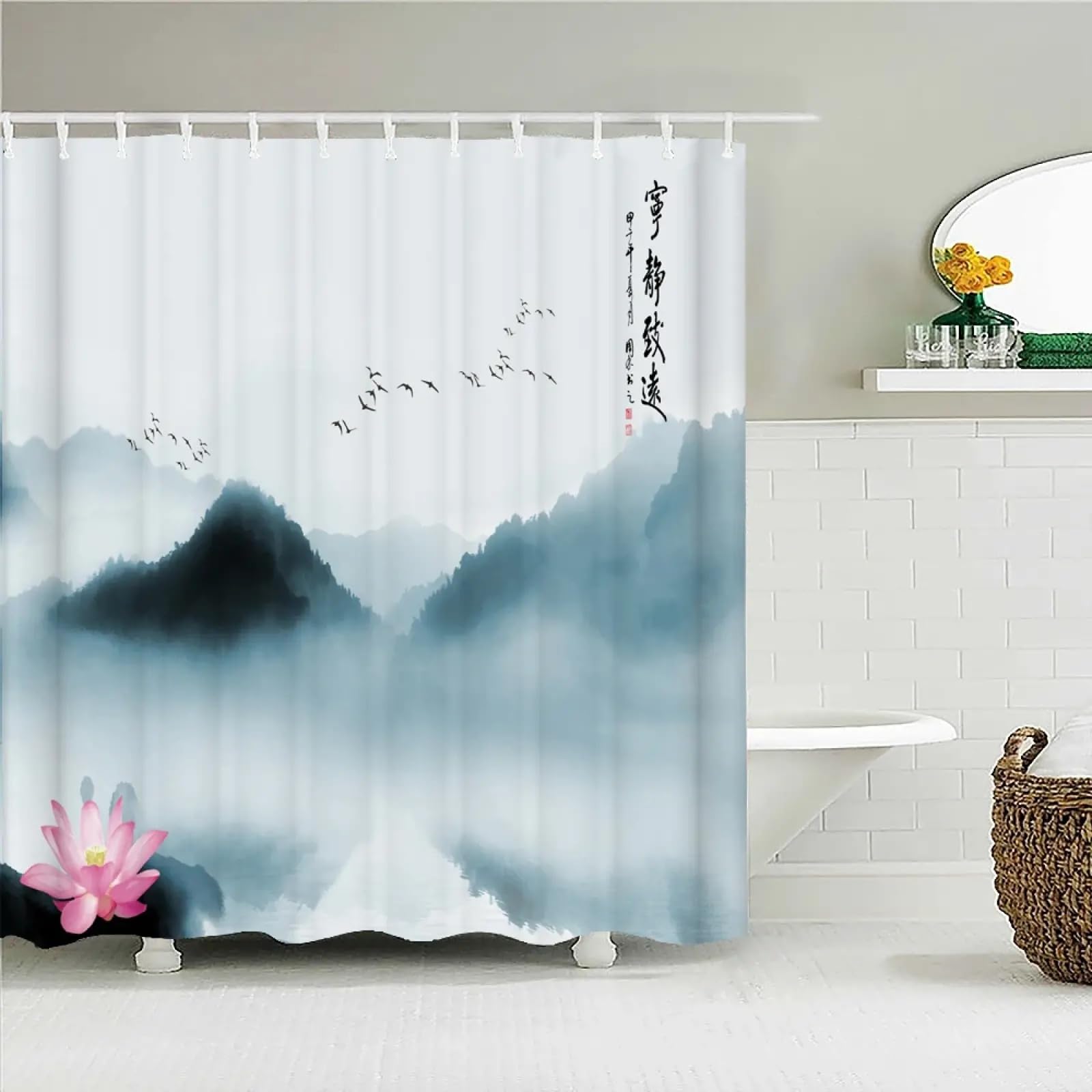 Rideau de douche paysage chinois en polyester imperméable 165x220cm pour salle de bain Zen