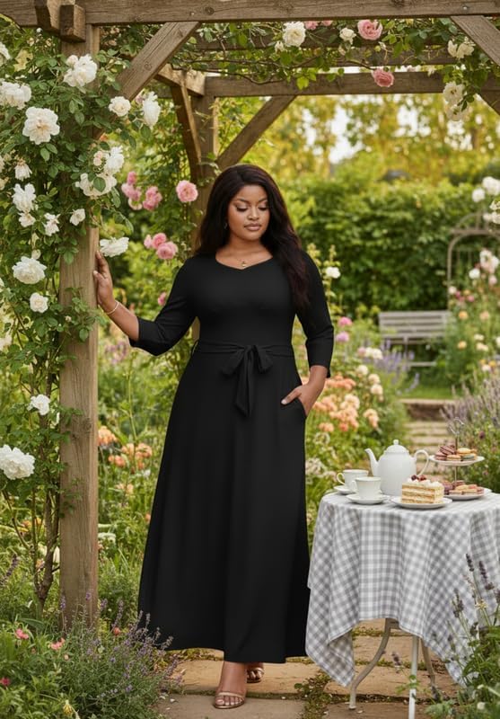 Maxi Dress for Women 3/4 Sleeves V-Neck Semi Formal Church Long Casual Dresses with Pockets - Image 2