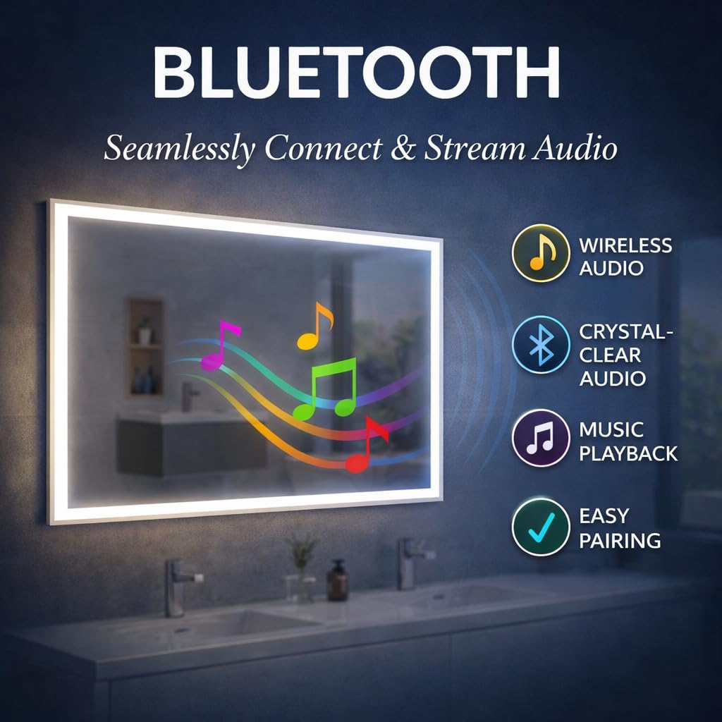 Espejo de Baño con Luz LED 80×60 cm. Espejo de baño Bluetooth y Anti-vaho – Iluminación Ajustable 3 Tonos, Espejo Moderno para Baño, Maquillaje y Aseo – Montaje Horizontal