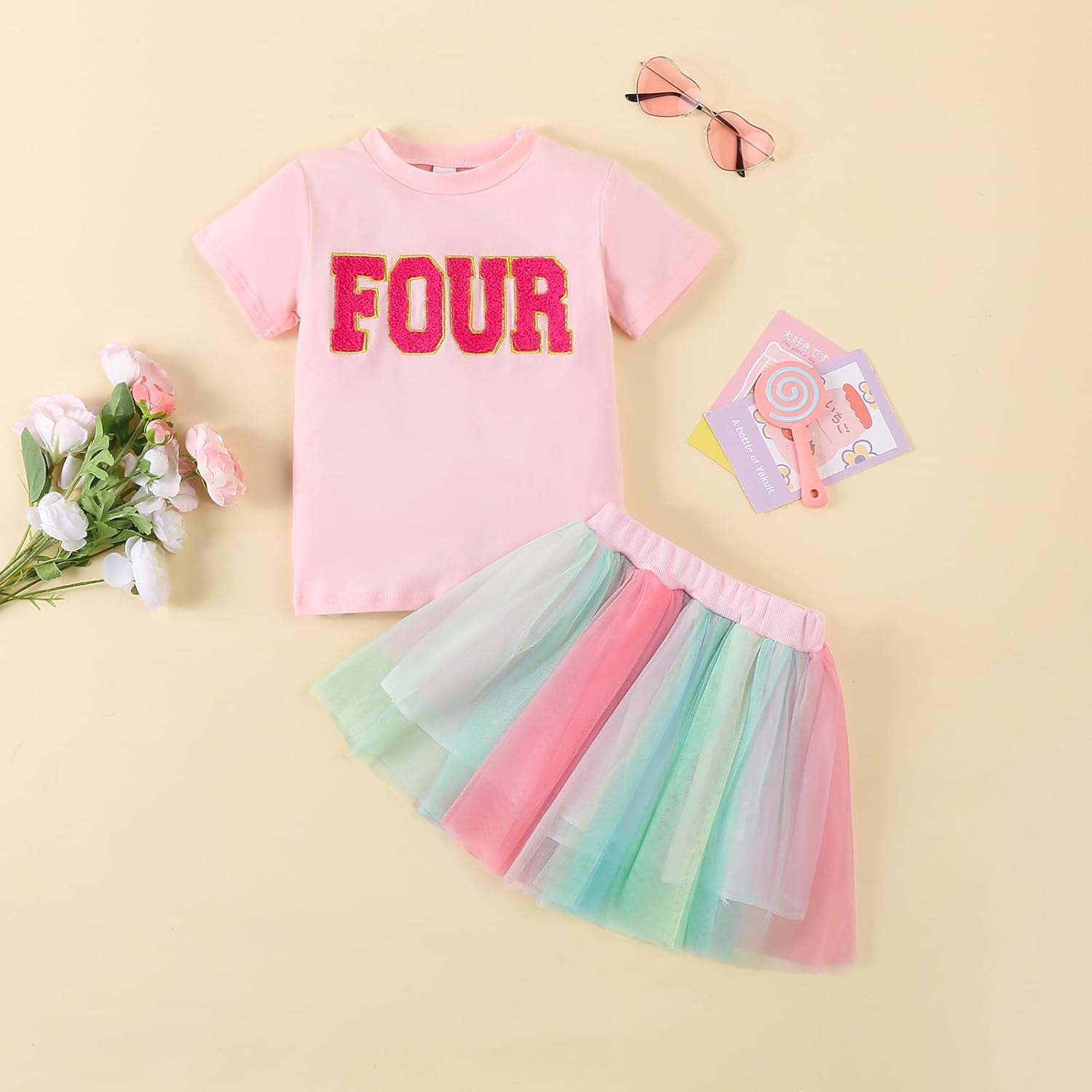 Toddler Kids Baby Girls Birthday Outfit Two/Three/Four/Five/Six T-shirt Rainbow Mesh Tulle Tutu Skirts - Image 9