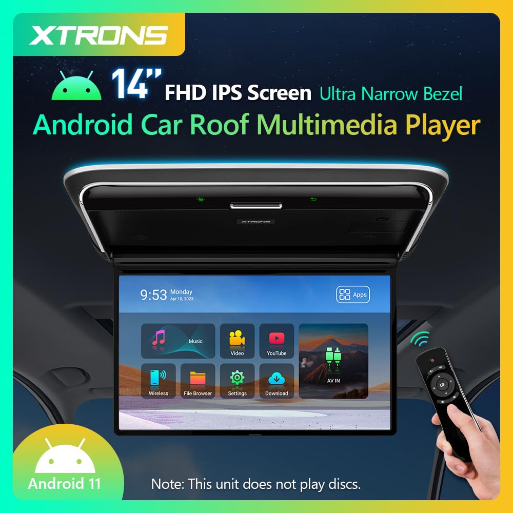 XTRONS 14 Zoll FHD IPS Bildschirm 1920 * 1080 Ultra Narrow Bezel Android Car Roof Multimedia Player mit Wireless Screen Mirroring Eingebauter HD Eingang CVBS Eingang Stereo Lautsprecher