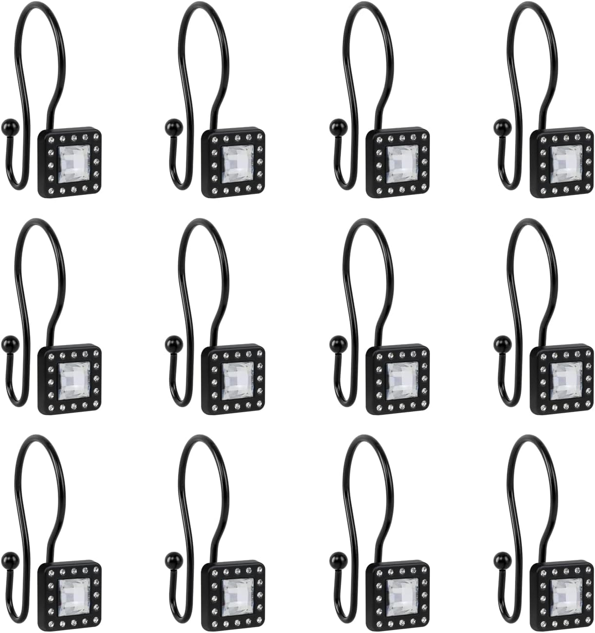 Utopia Alley Shower Rings, Double Shower Curtain Hooks for Bathroom, Rust Resistant Shower Curtain Hooks Rings, Crystal Design, Set of 12 (Black)