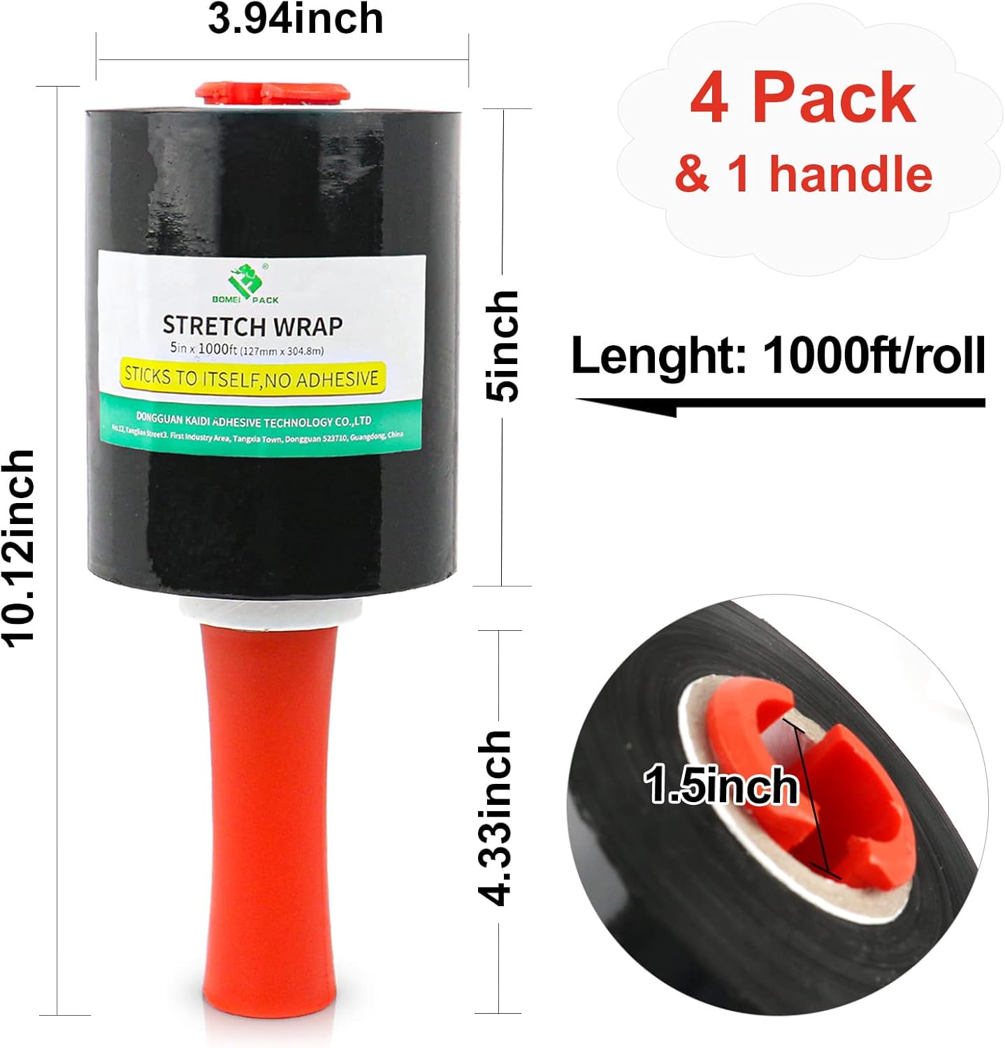 BOMEI PACK Mini Black Industrial Stretch Wrap Film 5" x 1000ft Roll with Handle, 80 Gauge Thick Cling Plastic Wrap for Moving, Pallet Wrap - Self Adhering Packaging Heavy Duty Shrink Film, 4 Pack