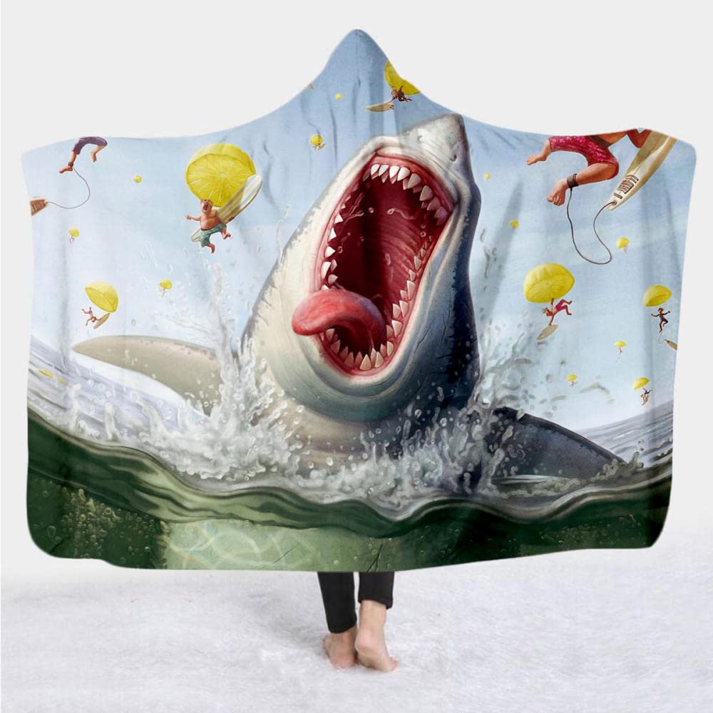 Koc Na Pelerynę Narzuty Na Pelerynę Peleryna Na Pelerynę Z Kapturemkoc Z Kapturem Modny Modny 3D Cyfrowy Rekin Ocean Drukowanie Biurowy Koc Na Przerwę Obiadową-11A_130*150Cm (Dzieci)