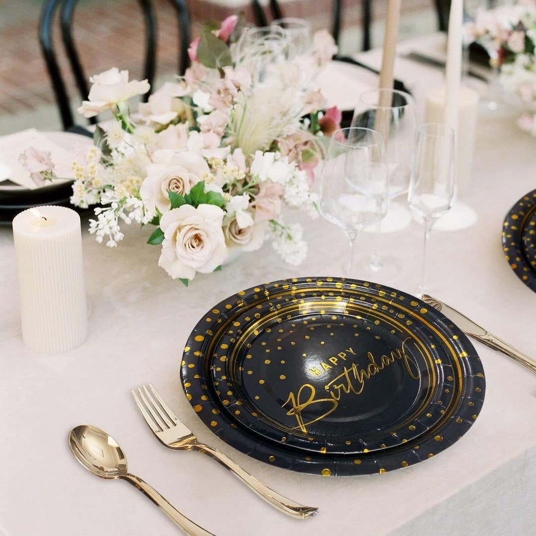 175PCS Happy Birthday Disposable Dinnerware Set Party Supplies, Paper Black Gold Plates and Napkins with Gold Plastic Forks Knives Spoons Serve 25 Guests for Birthday Party Decoration