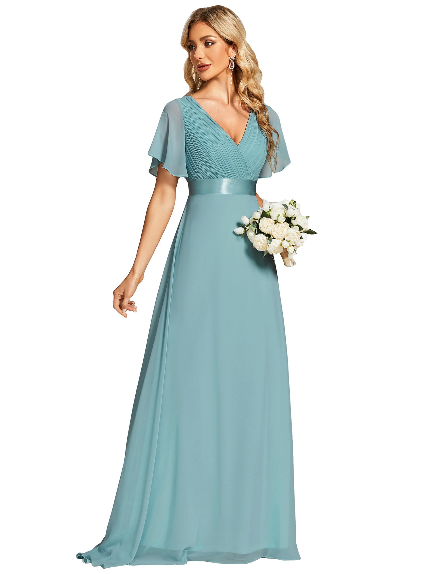 Ever-Pretty A-línea Vestido de Fiesta Cuello en V Manga Corta Gasa Corte Imperio para Mujer Azul Polvoriento 54