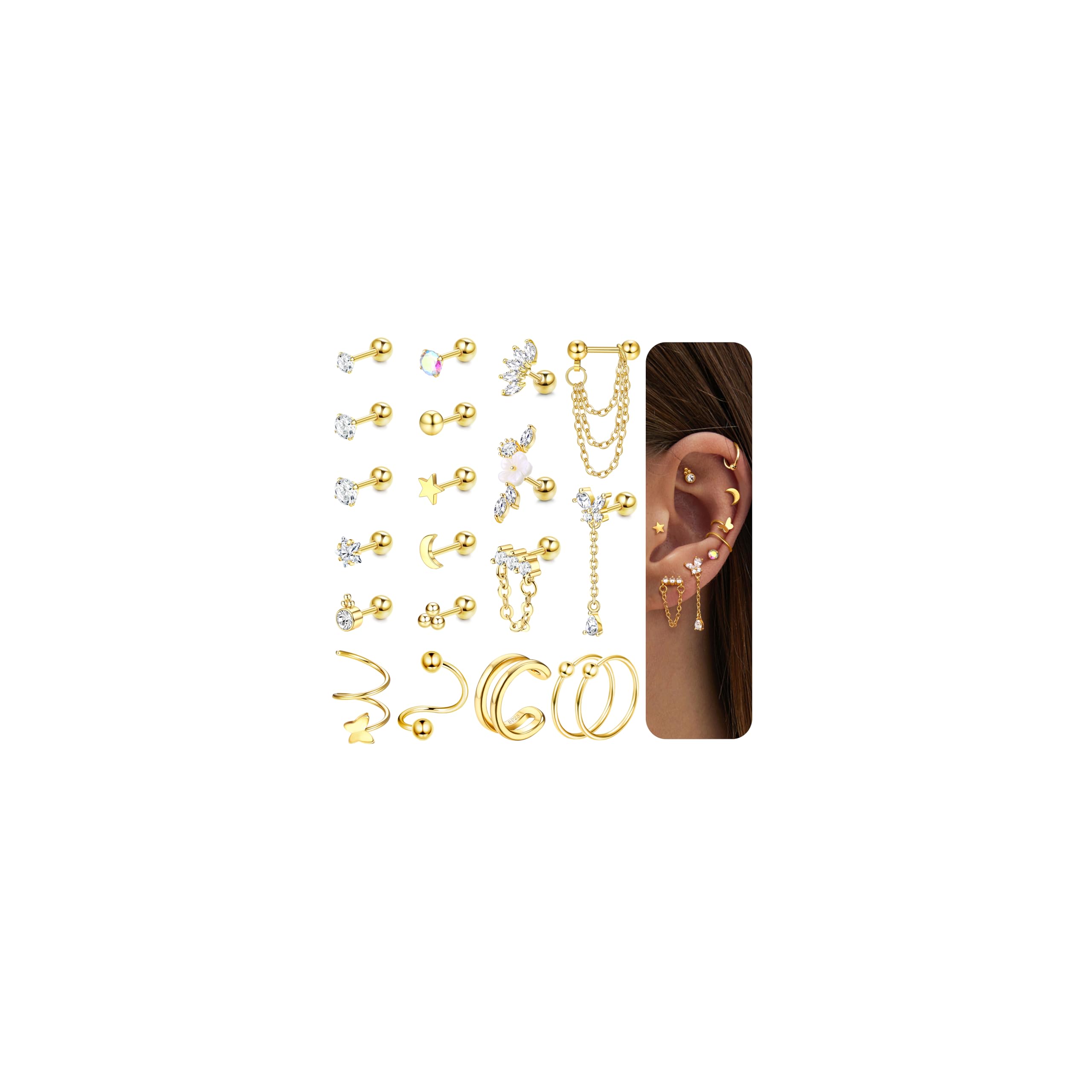 HMJGDHX 20 sztuk stal chirurgiczna Helix Piercing biżuteria hipoalergiczna śruba kolczyki z płaskim tyłem zestaw Tragus Hoop muszla Daith Piercing biżuteria klip srebrne złote kolczyki na chrząstkę