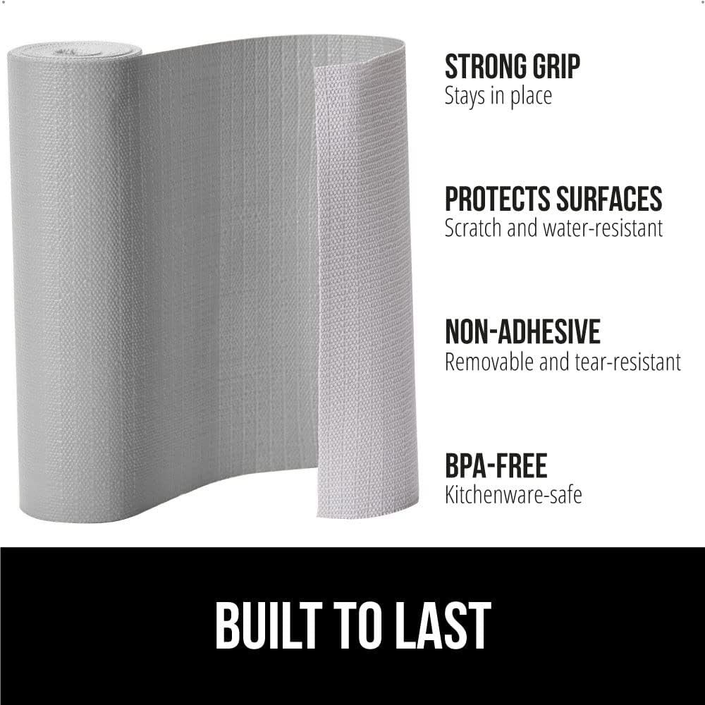 GORILLA GRIP DripGuard Shelf Liner, Non-Adhesive Drawer and Kitchen Cabinet Protector, Strong Grip Slip Resistant Underside, Smooth Surface Liners for Cabinets, Bathroom Closets 17.5x240 In Light Gray