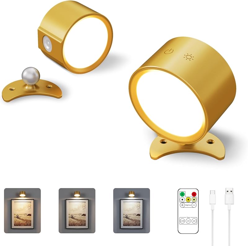 LANMEL LED Wall Mounted Lights,360° Rotating Rechargeable Wall Sconce Lamp | Gold 2pack,3CCT,Dimmable,with Remote & Touch Control,USB Wireless Wall Lamp, Suitable for Study,Bedroom,and Bedside Reading