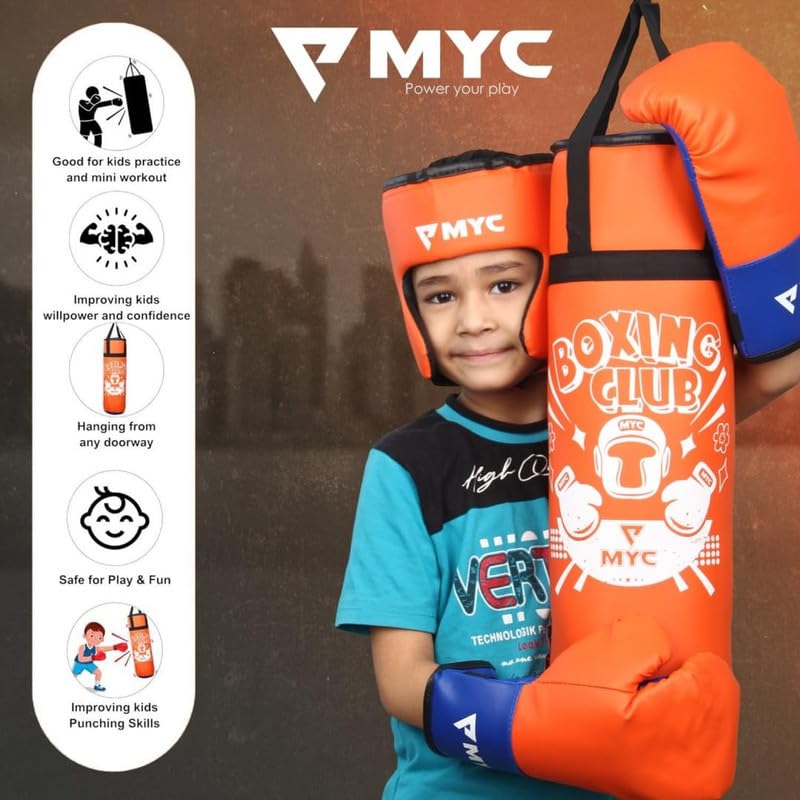 Image of MYC Club Pack of 4 Kids Punching Bag Boxing Kit Set for Karate | Bounce-Back Martial Arts Bag for Boys & Girls (Age 4-10 Year) (Orange)