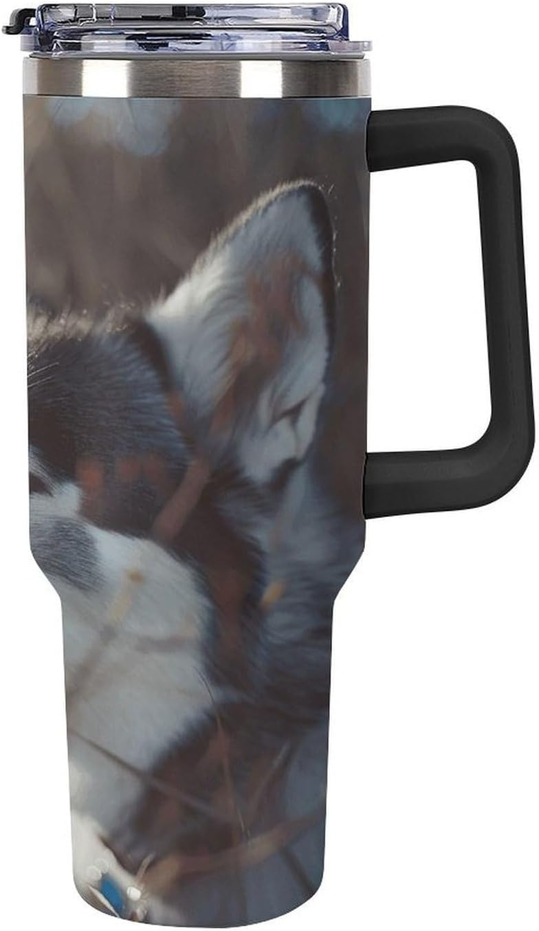 Blue Eyed Husky Dog Travel Coffee Mug Reusable Durable Stainless Steel Insulated Tumbler with Handle And Straw Leak Resistant Portable Thermal Cup Gifts for Men Women 40 Oz