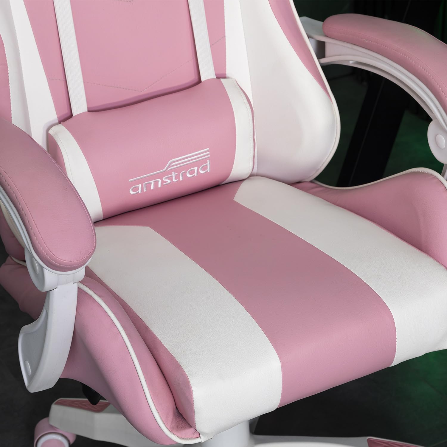 Amstrad AMS-800-ROSY Fauteuil/Chaise de Bureau Gamer Rose & Blanc - Coussin Lombaire & appuie tête