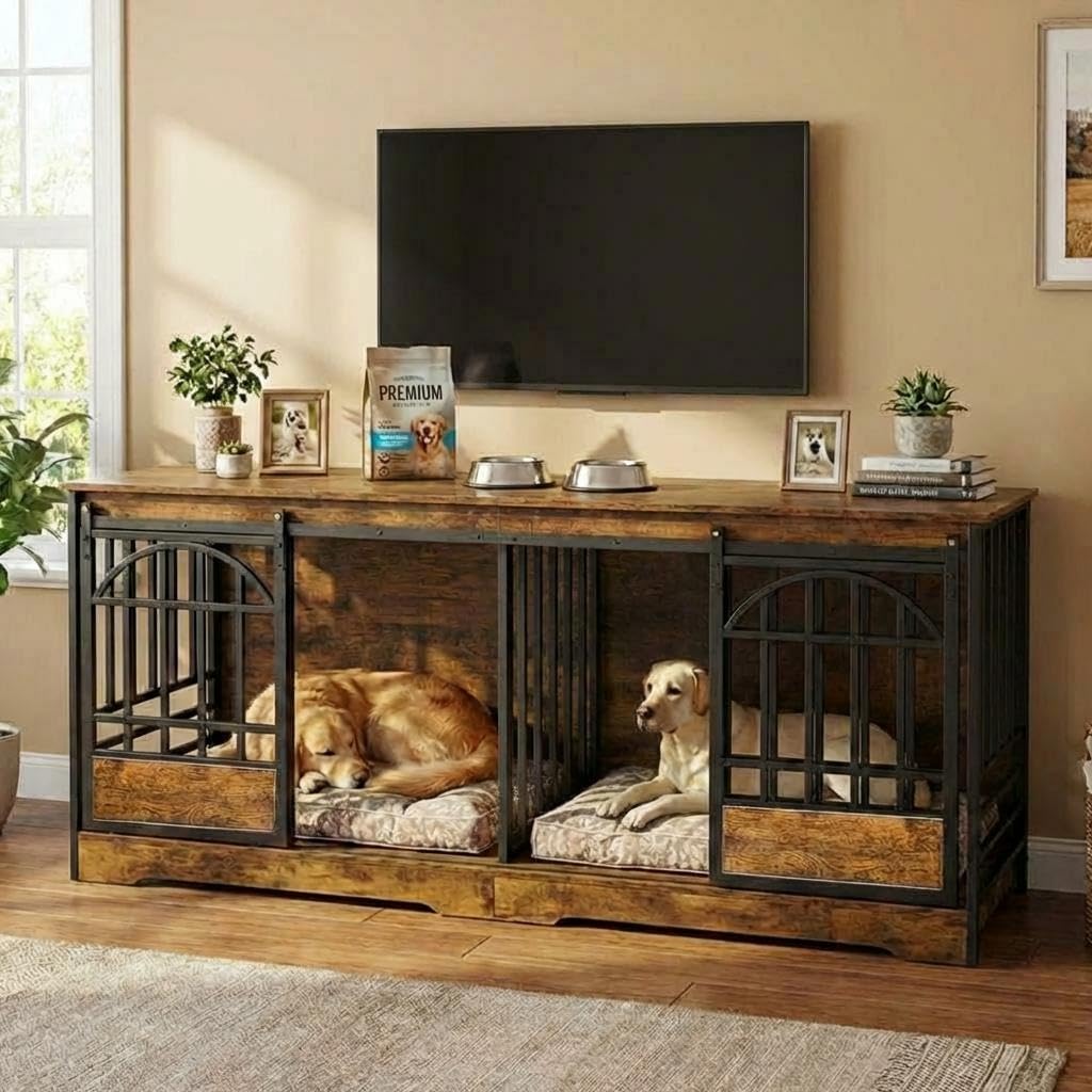 78" Extra Large Dog Crate Furniture for 2 Dogs, Double Wooden XL Indoor Kennel with Divider, Heavy Duty Farmhouse Dog Cage End Table TV Stand for Large Breeds – Cognac Brown