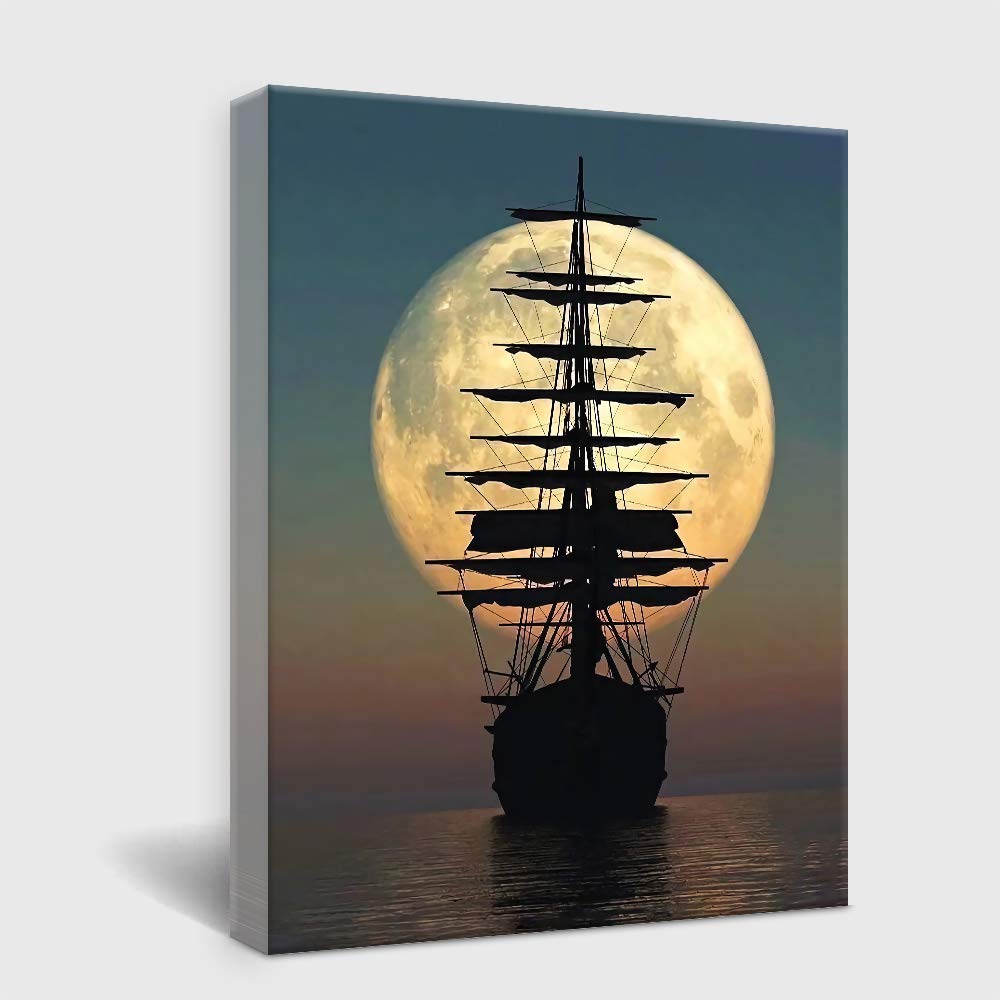 The sea, the ship, the full moon Canvas Wall Art, Gifts Canvas Wall Art Quotes for Girl Sister mom Women, Living Room Bedroom bathroom Office Décor,11.5"x15"